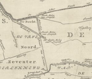 Fragment van de kaart van de Lopikerwaard door Hattinga uit 1771, waarop de drie molens van de polder Lopik, Lopikerkapel en Zevenhoven staan ingetekend.