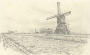 De Middelste Molen bij Cabauw, getekend door Chris Schut, 1968.
