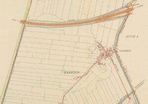 Detail van een grenskaart van de polder Het Westeinde van Waarder, rond 1960 (fotonummer A1373). De kaart laat goed zien hoe het dorp zich na de Tweede Wereldoorlog naar het oosten toe uitbreidde. Het toont tevens de belangrijke en relatief nieuwe verbinding die de A12 vormde met de Randstad.