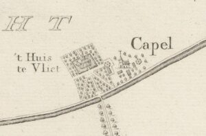 Lopikerkapel afgebeeld op een achttiende-eeuwse kaart, met speciale aandacht voor de twee meest iconische gebouwen: de kerk en het Huis te Vliet (fotonummer: A0332_F).